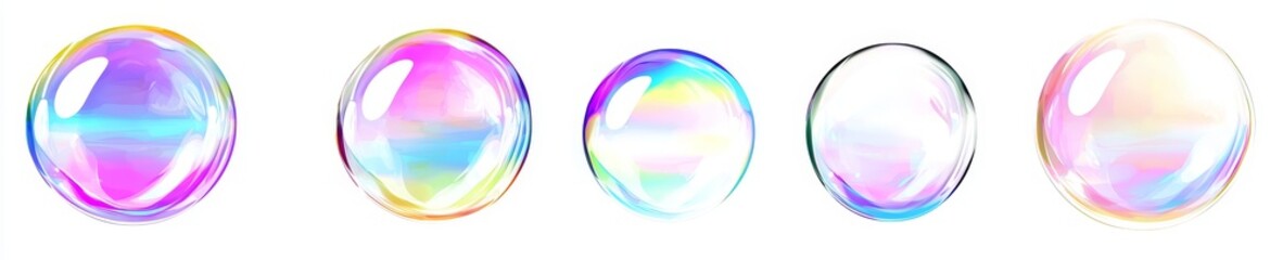 Rainbow colored underwater bubble on transparent background. Realistic modern illustration of air or soap water bubbles with reflections. Collection of iridescent shiny shampoo foam balls.