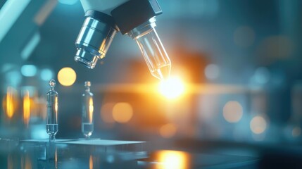 Close-up of a microscope with vials, showcasing the beauty of scientific research and laboratory innovation in a modern setting.