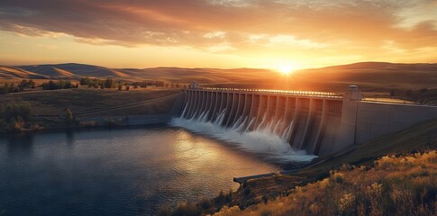 Aerial View of Pedestal Dam at Sunset with Water Gushing - AI generated illustration