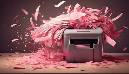 A paper shredder overflowing with pink paper, with pieces flying out.