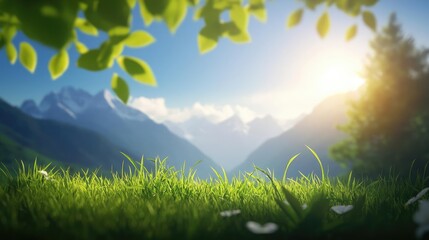 Obraz premium A stunning landscape showcasing vibrant grass, serene mountains, and a bright sunlight illuminating a peaceful nature scene.
