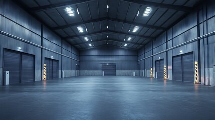 Obraz premium Empty Modern Warehouse with High Ceilings and LED Lighting - AI generated illustration.
