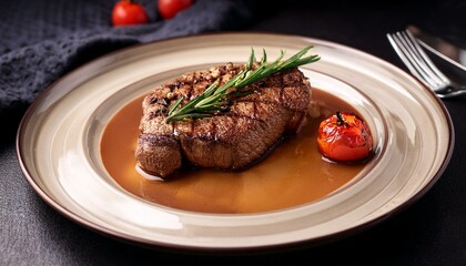 A perfectly grilled steak with rosemary and tomato garnish, served with a rich, savory sauce.