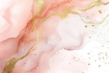 Obraz premium Background of pastel rose marble alcohol ink drawing effect with golden foil dust and gold stains. Abstract illustration design for wedding invitations.