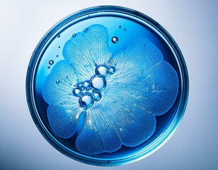A petri dish filled with blue liquid.