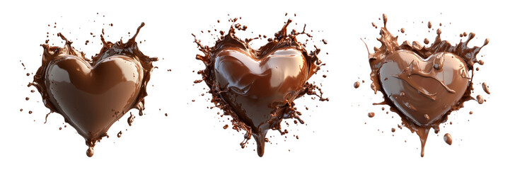 Chocolate splashing heart shapes isolated on transparent background