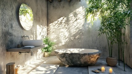 3D Rendering of an Outdoor Bathroom with Marble Bathtub and Bamboo Plant - AI generated illustration