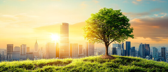 Fototapeta premium A solitary tree stands on a grassy hill with a modern cityscape in the background, bathed in the warm light of sunset, representing harmony between nature and urban life.