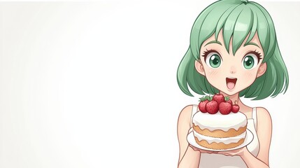 Happy Green-Haired Woman Holding Delicious Cake Sticker in Colorful Artistic Concept