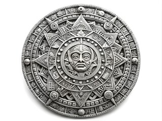Intricate Black And White Line Drawing Of The Ancient Aztec Calendar Stone Against A White Background