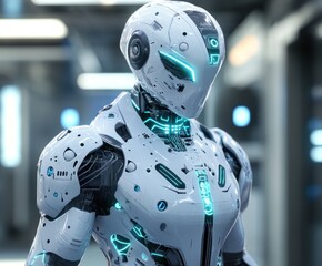 Fototapeta premium Futuristic Humanoid Robot Standing in a Room