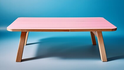 A pink and blue foldable table with wooden legs. The table is perfect for picnics, camping, or any outdoor event.