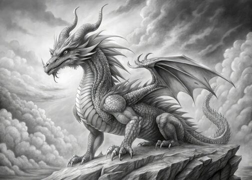 Intricate Pencil And Charcoal Sketches Of Mythical Dragons In Various Poses And Expressions, Capturing Their Majestic And Formidable Nature.