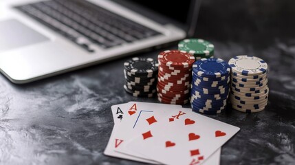 A clean grey table with poker chips, playing cards, and a laptop, representing the world