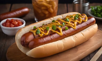 Freshly Made Hot Dogs on Wooden Tabletop, Generative AI