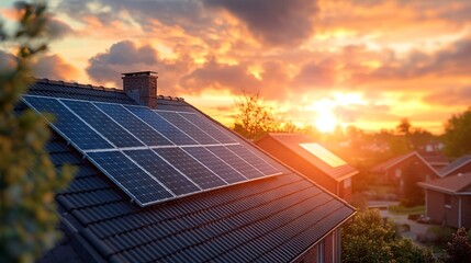 Close-up of Solar Panels on Urban House Roof During Golden Hour - AI generated illustration.