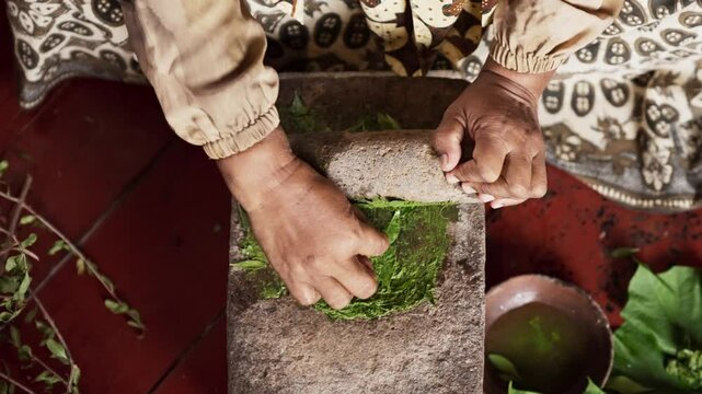 An Asian woman grinds leaves from the henna tree to make henna paste
