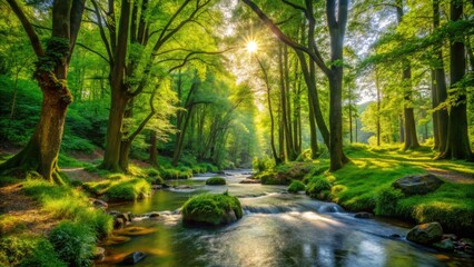 Obraz premium Lush Greenery Fills The Frame, With Towering Trees Casting Dappled Shadows Over Vibrant Undergrowth And A Babbling Stream Creating A Serene Symphony Amidst The Foliage.