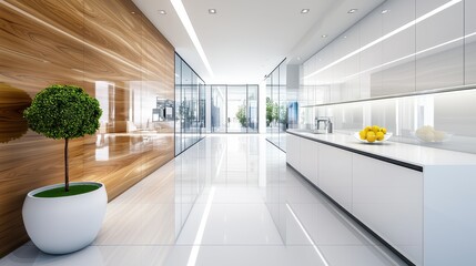 Fototapeta premium Sleek Minimalist Office Kitchen Featuring a Single Fruit Bowl on Elegant Cabinets