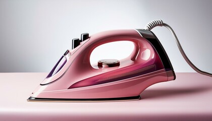A pink electric iron with a sleek, modern design. Perfect for ironing clothes or other fabric items.