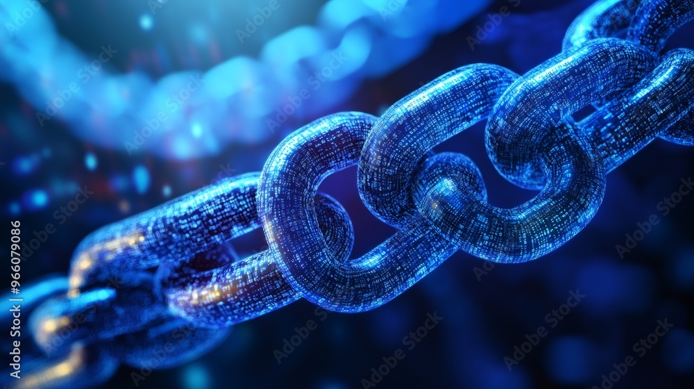 Poster abstract 3d render of a blue chain made of code.