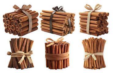 Cinnamon bundles tied with strings isolated on transparent background
