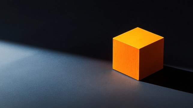 Bright orange cube placed centrally on a contrasting dark background, casting strong shadows and highlights.