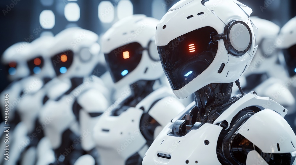 Poster close-up of a futuristic robot with glowing lights in its eyes, standing in a line with other robots