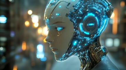 Close-up of a futuristic robot with glowing blue eyes and circuitry.