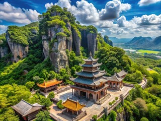 Majestic Marble Mountains in Da Nang, Vietnam, with lush greenery, ancient temples, and stone carvings, set against a serene blue sky and wispy clouds.