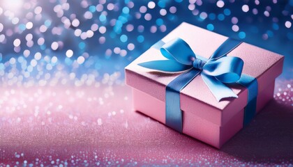 A pixelated, pink gift box with blue ribbon and glittery background. Perfect for celebrating a special occasion or representing the joy of receiving a present.