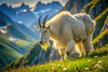Obraz premium Majestic mountain goat grazing on lush green alpine meadow, its shaggy white coat glistening in the sunlight, horns strong and regal, against a dramatic rocky backdrop.