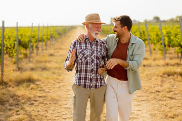 Two men stroll through a sunlit vineyard, sharing laughter and stories on a warm afternoon,...