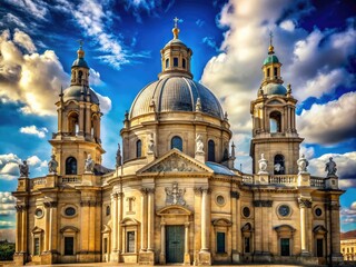 Fototapeta premium Majestic Renaissance-style basilica with intricately designed dome and ornate façade stands proud against a bright blue sky with wispy white clouds.