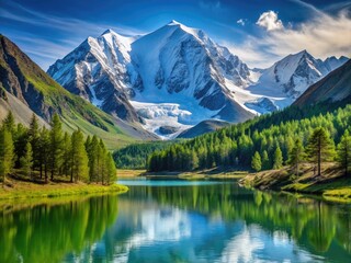 Fototapeta premium Majestic snow-capped Belukha Mountain rises above the Altai Mountains landscape, surrounded by lush green forests and serene alpine lakes, under a clear blue sky.