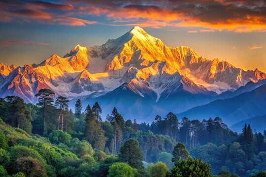Majestic snow-capped Kanchenjunga mountain peak rises high in the Himalayas, surrounded by lush green forests and serene blue skies at dawn.