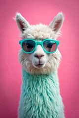 A Playful Pink Alpaca Sporting Turquoise Sunglasses Perfect for Summer Vibes and Fun Promotional Material