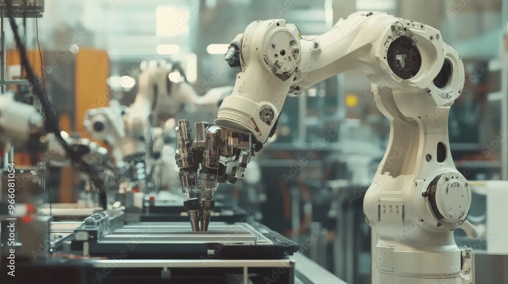 Aufkleber close-up of a robotic arm in a factory setting, with the arm extended and its mechanical gripper in 
