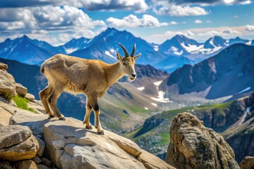 Male Mountain Goat Traversing Rocky Slope With Rugged Mountain Peaks In The Background, Rocky Mountain National Park, Colorado.