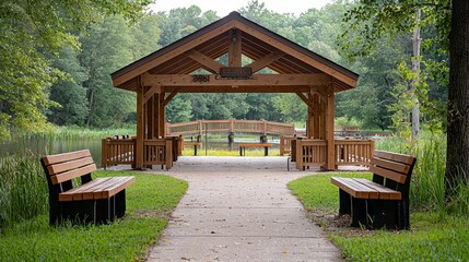 Wooden pavilion in a scenic park surrounded by trees