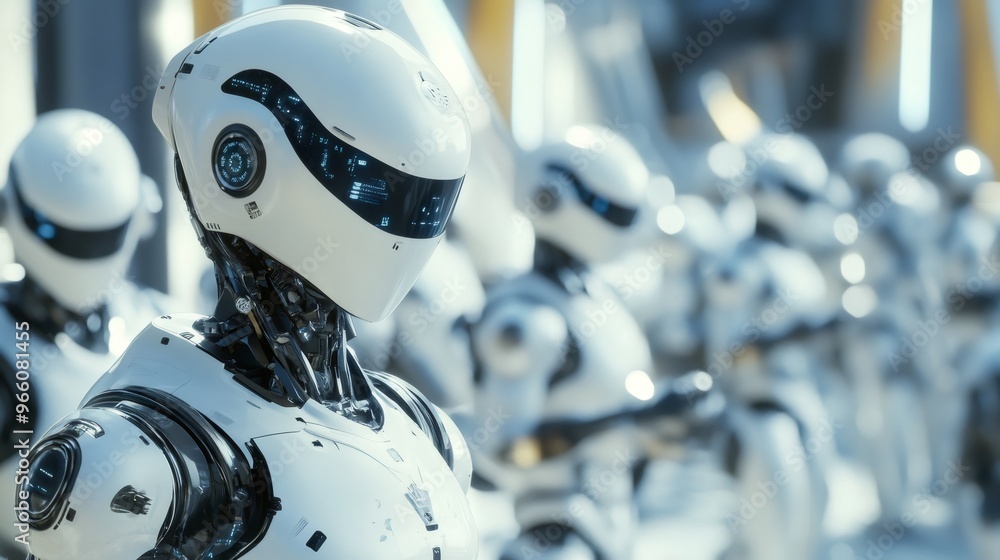 Poster close-up of a white humanoid robot with a glowing blue visor in a line of other robots.