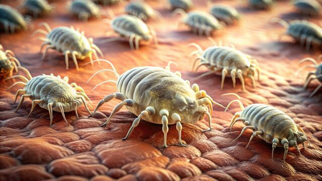 Microscopic view of demodex mites on human skin, illustrating the tiny eight-legged parasites that inhabit pores and cause skin issues, with a magnified perspective.
