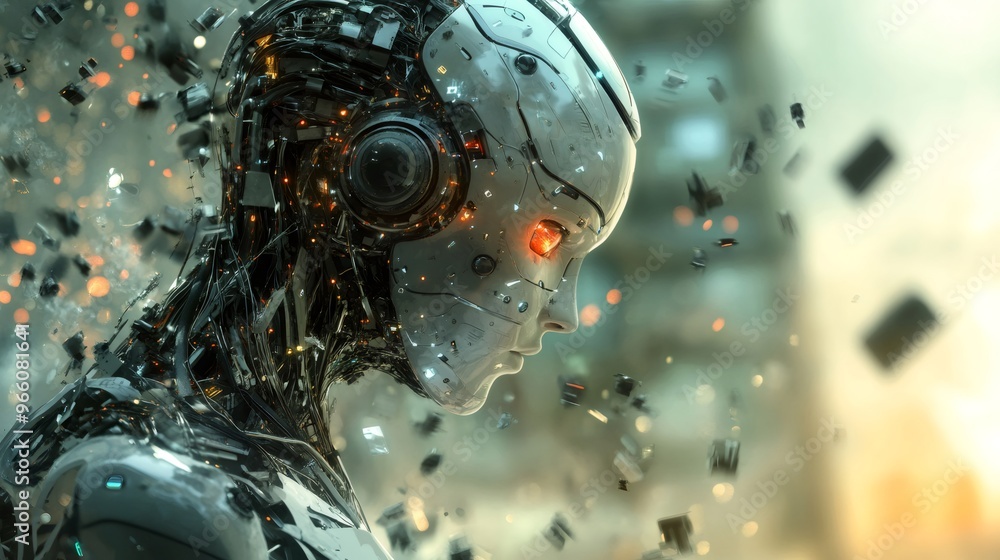 Poster closeup of a robot's face with glowing red eye and exposed wires, surrounded by a blurry background 