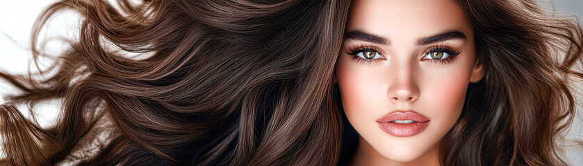 A woman with long brown hair and green eyes