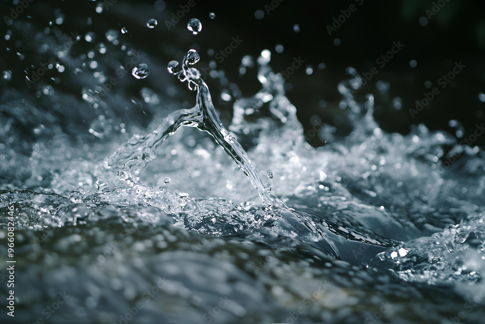 Poster a close-up of water splashes creating dynamic patterns in a serene environment.