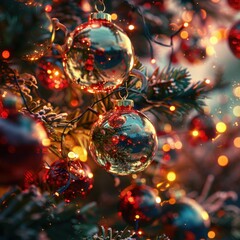 Festive Christmas ornaments and lights adorn a tree, creating a warm holiday ambiance with glowing decorations.