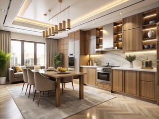 Modern luxurious 3-bedroom hall kitchen interior design featuring sleek wooden furniture, abundant natural light, and elegant beige color scheme with intricate architectural details.