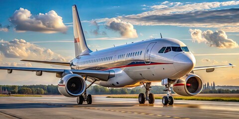 Modern Russian-made narrow-body passenger aircraft with sleek design and distinctive wingtips, taxiing on a sunny airport apron, ready for takeoff.