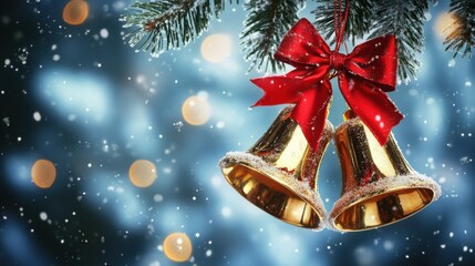 Golden bells with a vibrant red bow, hanging festively, against a wintery backdrop. A cheerful and classic holiday scene.