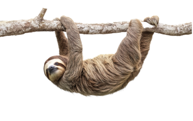 A sloth hanging on a tree branch on transparent background, png	